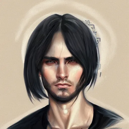 Prompt: art artwork portrait by Charlie Bowater, man in his 30s, mix between french, turkish and russian, short black hair with bangs, wearing beige and black utilitarian jumpsuit. 4K Scifi Artstation HQ.
