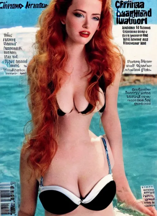 Image similar to christina hendricks and amber heard hybrid on the cover of swimsuit illustrated 1 9 8 0, vintage print
