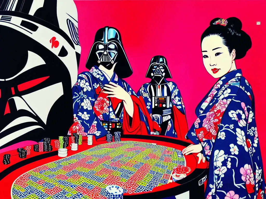 Image similar to hyperrealism composition of the detailed woman in a japanese kimono sitting at an extremely detailed poker table with darth vader, fireworks on the background, pop - art style, jacky tsai style, andy warhol style, acrylic on canvas