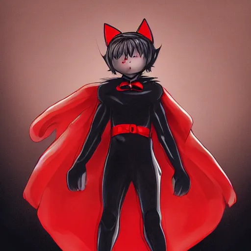 Image similar to little boy with cat ears in an black latex suit with red cape. digital artwork made by lois van baarle and kentaro miura, sharpness focus, anatomically correct