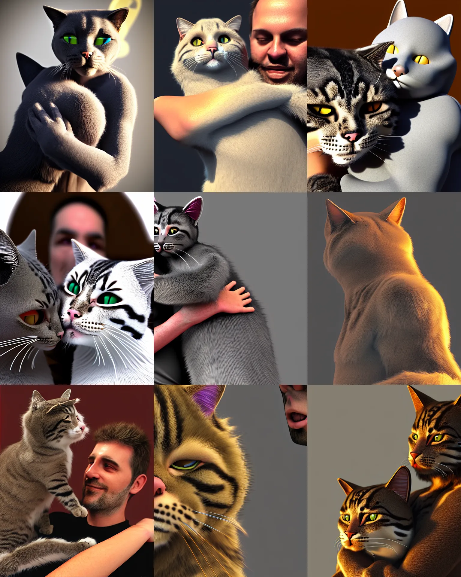 Prompt: being hugged by a cat furry man, dmt, ue 5, photorealistic, raytracing fur rendering