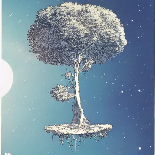 Image similar to a large tree growing from a crystal floating in space, by moebius