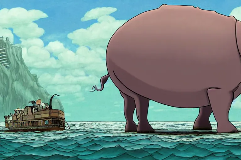 Prompt: cell shaded cartoon of a giant lovecraftian mechanized grey hippo from howl's moving castle ( 2 0 0 4 ), in an african river, full body, wide shot, very muted colors, post grunge, studio ghibli, highly detailed, deviantart, art by artgem