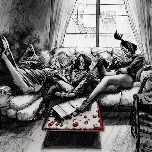 Image similar to a huge smoky room filled with females lounging on couches, artist kim jung gi,