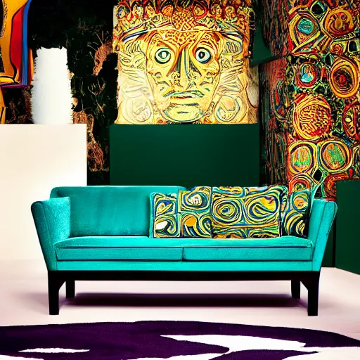 Image similar to a sofa designed by versace in the style of versace dylan turquoise, advertising photography