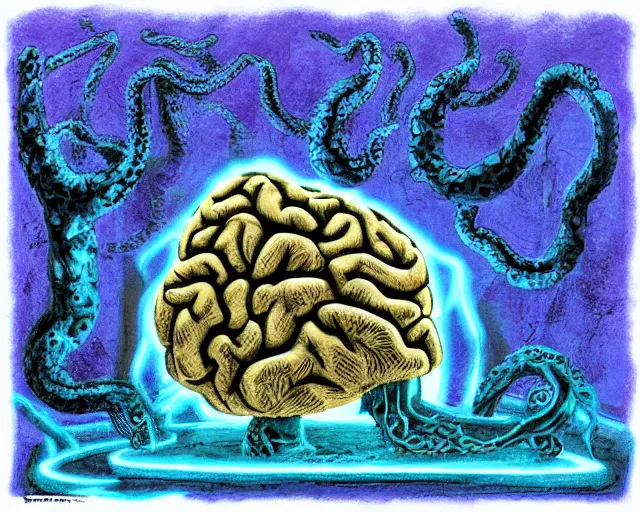 Prompt: large brain in a brick well, tentacles, dark cave room, blue bioluminescence, artwork by greg rukowtski