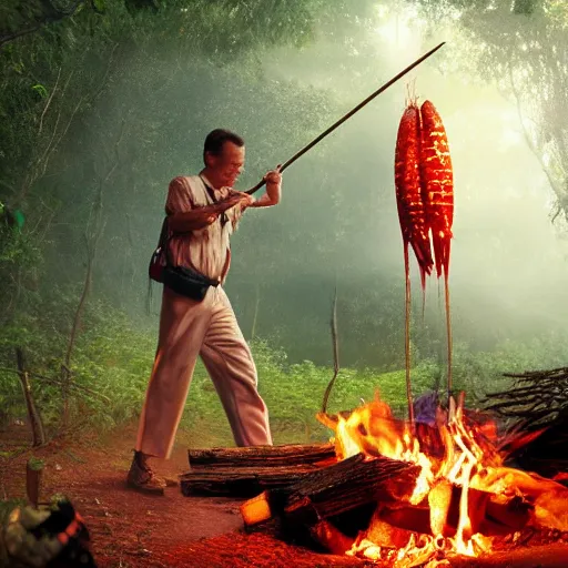 Image similar to tom hanks as forrest gump holding a giant shrimp skewer over a campfire in the jungle, amazing digital art, trending on artstation