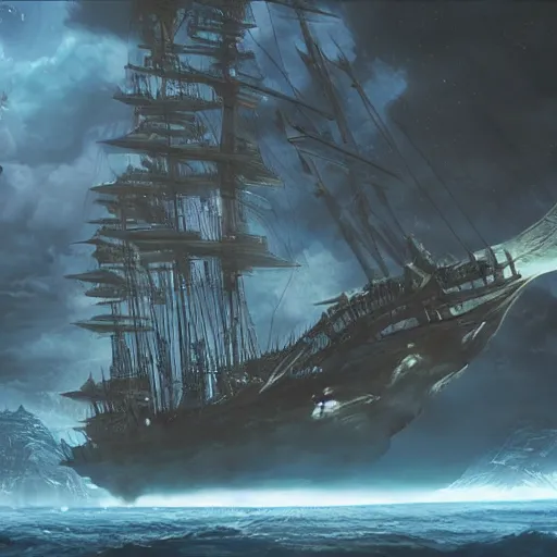 Image similar to flyting pirateship by H.P. Lovecraft, abaddon and magali villeneuve, ghibli moebius, 8k, epic scene, scifi, unreal engine, trending on cg station. masterpiece.