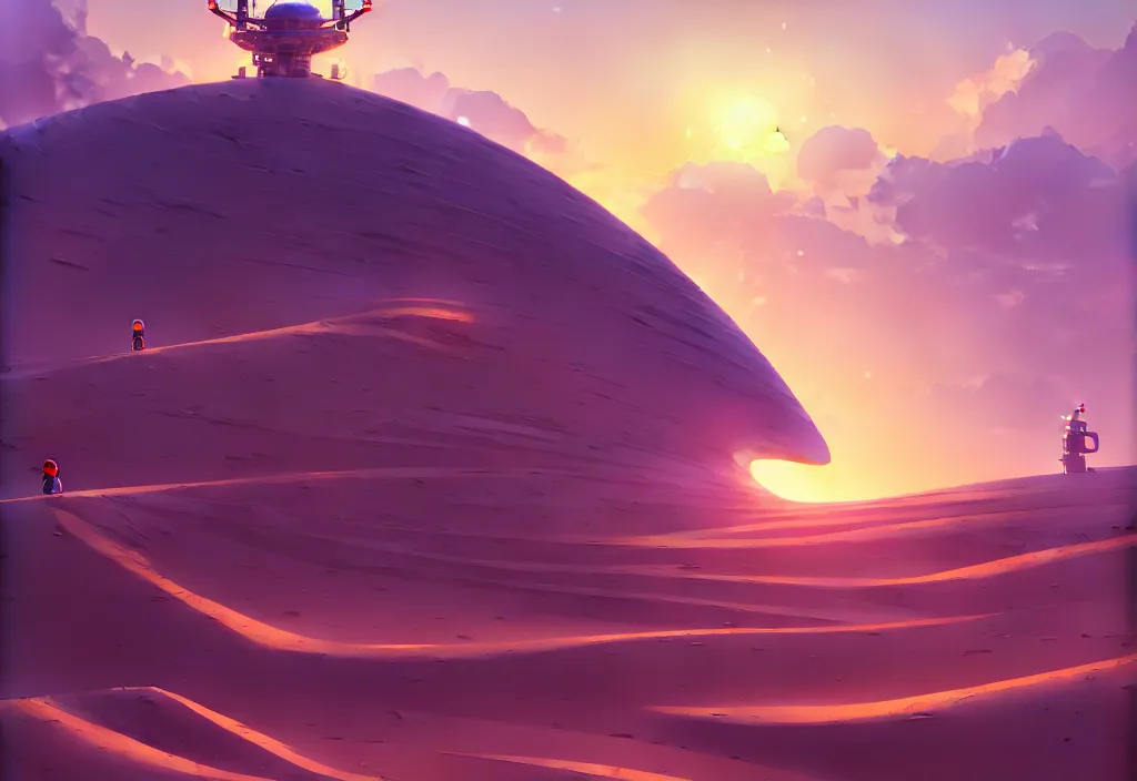 Prompt: a lonely small chubby futuristic oil plant on sand dunes at dawn, intricate oil painting, high detail illustration, sharp high detail, manga and anime 1 9 9 9, official fanart behance hd artstation by jesper ejsing and makoto shinkai, 4 k,