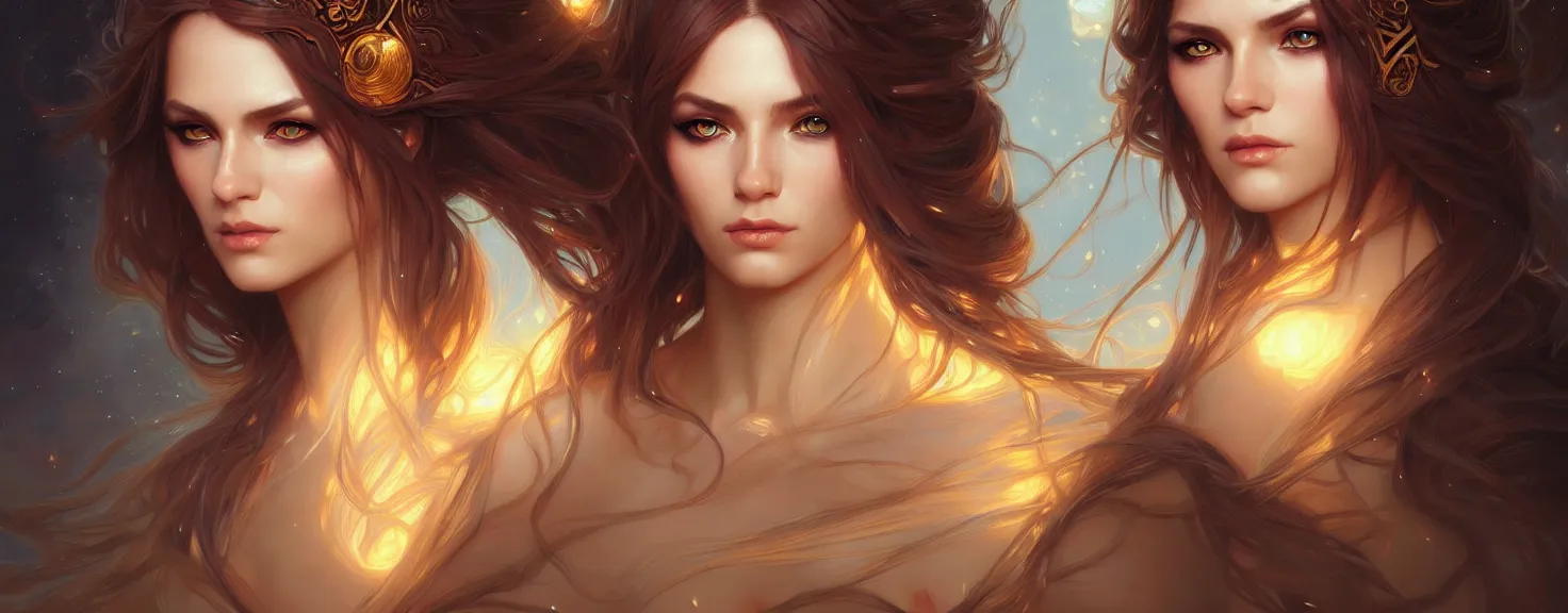 Image similar to fantasy magic woman portrait, sci-fi, amber eyes, face, long hair, fantasy, intricate, elegant, highly detailed, digital painting, artstation, concept art, smooth, sharp focus, illustration, art by artgerm and greg rutkowski and alphonse mucha