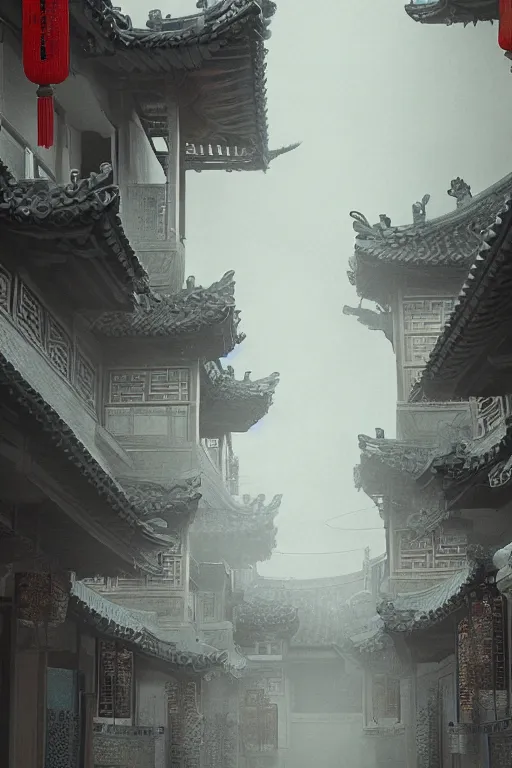 Image similar to on the night of the chinese new year's day, many chinese ghosts wander in the ancient chinese streets. the guiding line composition method, the tindal effect, the soft light, the cool color, by wu jinyuan, trending on artstation