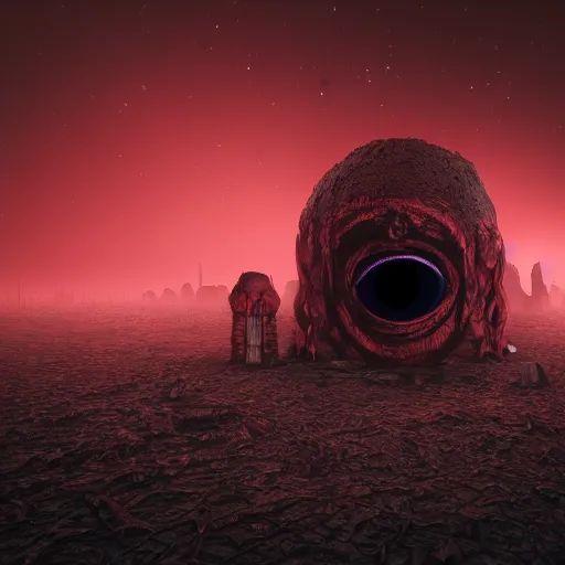 Prompt: new planet, red, red sky, depth, creepy, monsters, eyes, graveyard, death, dead, red eyes, 8k, hyperrealistic, depth, vray, high resoulution, deathly