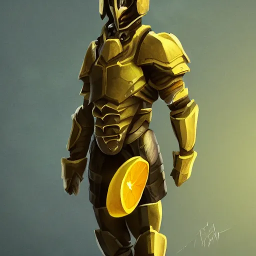 Image similar to A lemon full body portrait wearing dark matter armor standing on a hill, dynamic lighting, photorealistic concept art, stunning visuals, creative, trending on art station, ultra detailed