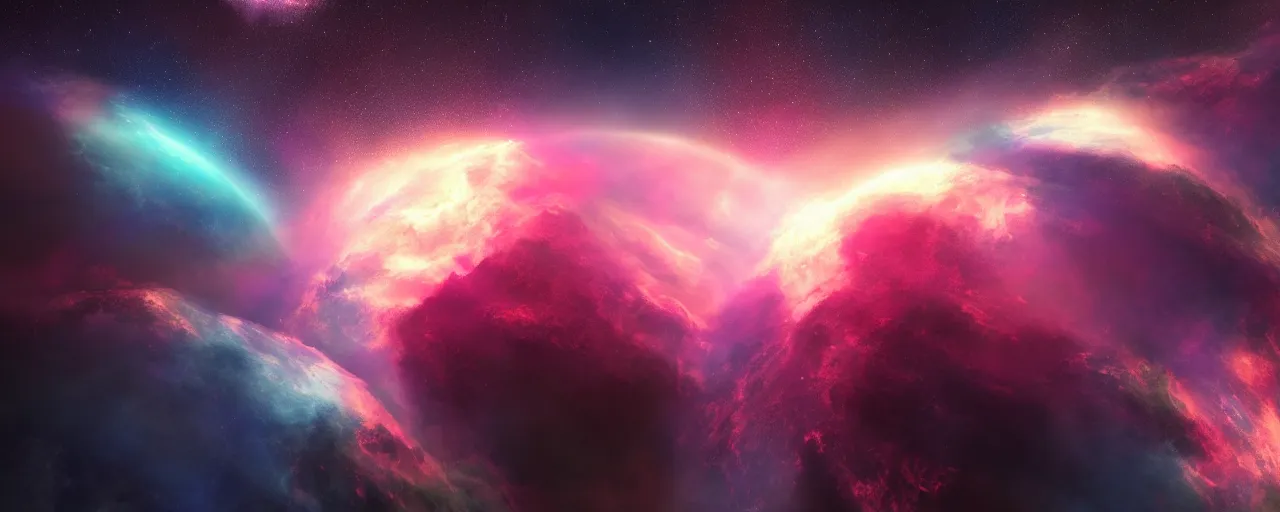 Image similar to smooth colours, cinematic render of atmospheric deep space, volumetric lighting, cathrin machin