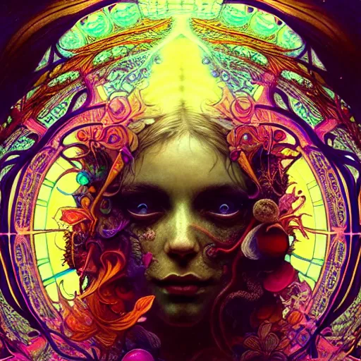 Prompt: An extremely psychedelic experience, surreal, dramatic lighting, magic mushrooms, psilocybin, LSD, face, detailed, intricate, elegant, highly detailed, digital painting, artstation, concept art, smooth, sharp focus, illustration, art by Krenz Cushart and Artem Demura and alphonse mucha