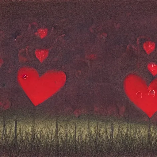 Image similar to primary school on a hill, red hearts, sadness, dark ambiance, concept by godfrey blow, featured on deviantart, drawing, sots art, lyco art, artwork, photoillustration, poster art