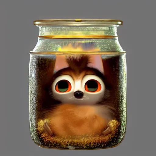 Prompt: cutie fluffy creature with big eyes in a jar, digital art, 3 d, octave render, masterpiece, mega detailed, pixar, disney, vivid illustration, fantasy, by george stubbs, frederic leighton, james jean