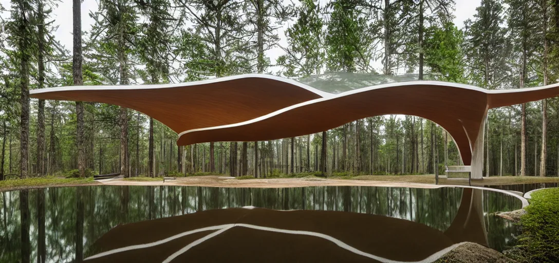 Image similar to curved roof planes lift and descend creating shade and architectural expression, highly detailed, situated in the forest, next to a highly reflective lake, marble, vivid color, high resolution photography, mist, luxury