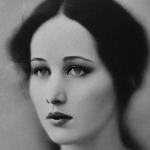 Image similar to headshot edwardian photograph of jennifer lawrence, angelina jolie, 1 9 2 0 s film actress, realistic face, 1 9 1 0 s, grainy, victorian, soft blur