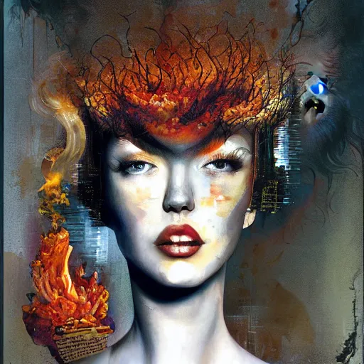 Image similar to she is burning her digital past with glitched flames made of bits, oil on canvas by dave mckean, james jean and esao andrews