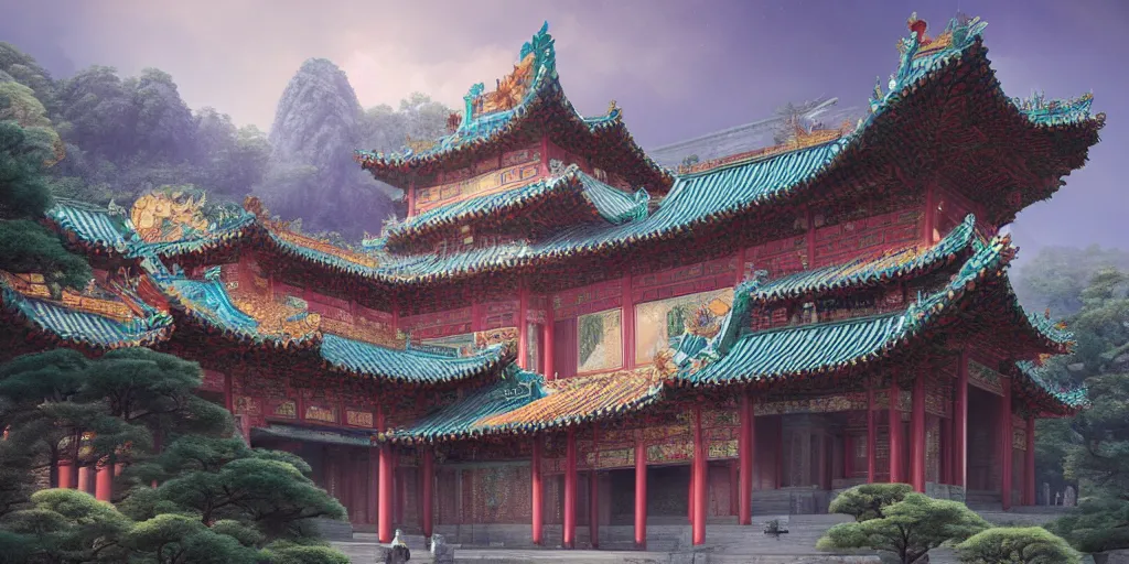 Image similar to magnificent chinese immortal palace, mineral color painting, concept art, dreamy, render by octane and blender, hyper realistic, cinematic lighting, unreal engin 5, by krenz cushart, 8 k, vray render, artstation, deviantart