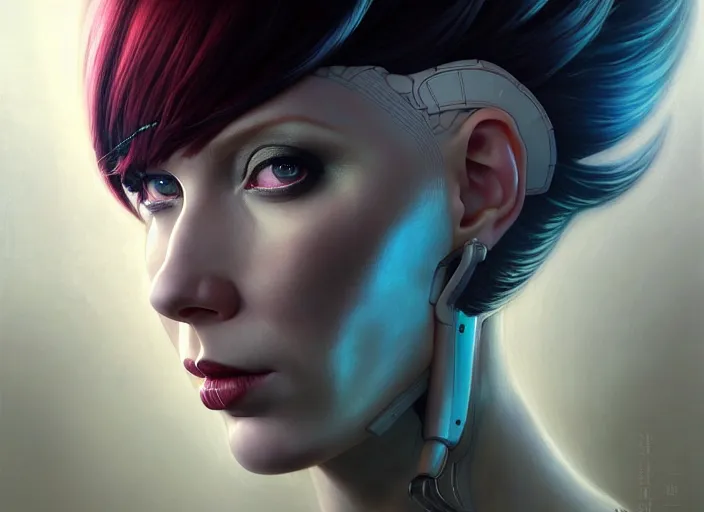 Prompt: portrait shot of christina hendricks in ghost in the shell wearing a cyberpunk costume, intricate, elegant, highly detailed, centered, digital painting, artstation, concept art, smooth, sharp focus, illustration, artgerm, tomasz alen kopera, peter mohrbacher, donato giancola, joseph christian leyendecker, wlop, boris vallejo