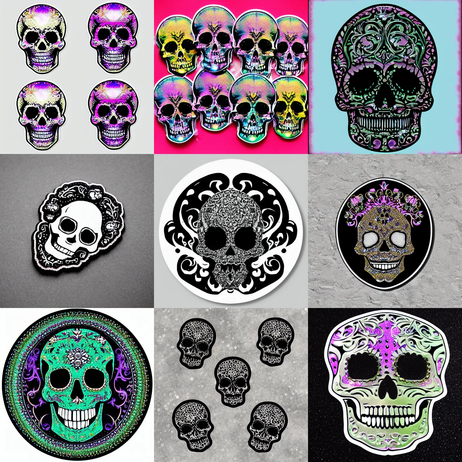 Prompt: sparkly opulence iridescent highly detailed intricate skull stickers