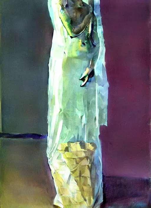 Image similar to woman in a translucent clothing made from plastic bag with paper bags for clothes standing inside paper bags with paper bag over the head at store display Edward Hopper and James Gilleard, Zdzislaw Beksinski, highly detailed