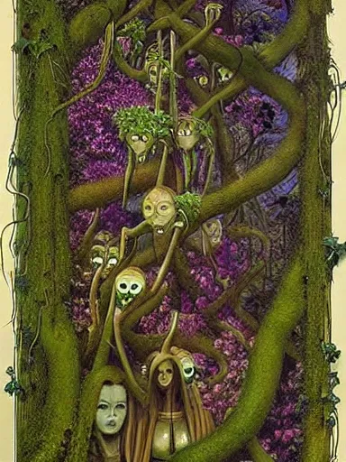 Image similar to The Hanging-Gardens of Pareidolia, lobelia, ivy, verbena and pothos growing facial features and optical-illusions, aesthetic!!!!!!!!!!, by Gerald Brom in the style of Johfra Bosschart in the style of,