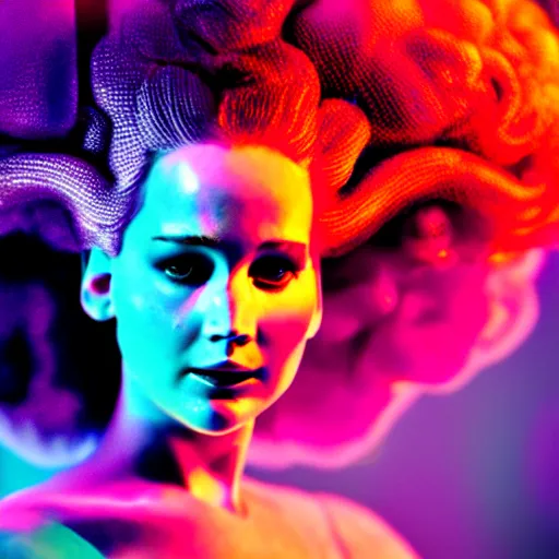 Prompt: jennifer lawrence as the bride of frankenstein, macro photography, glowing retinas, vaporwave