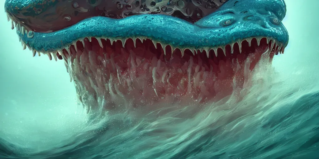Prompt: of sinuous stormy ocean with large strange happy drunk creatures with big mouth, long tongue, weird nose, and square teeth appearing from the misty waters, in the style of antonio berni, macro lens, shallow depth of field, highly detailed, digital painting, trending artstation, concept art, illustration, cinematic lighting, vibrant colors, photorealism, epic, octane render