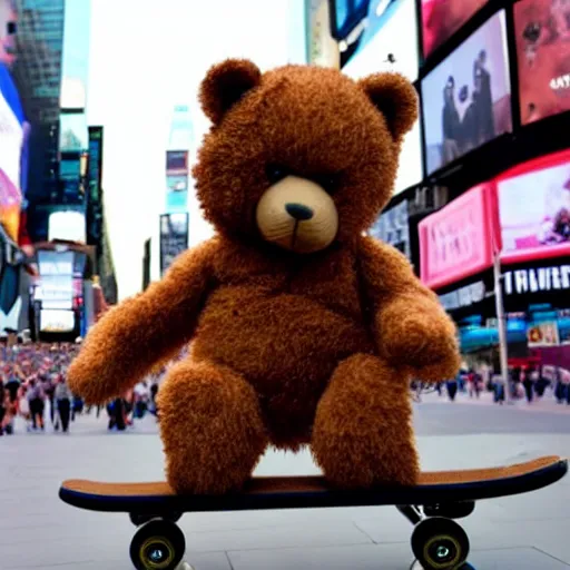 Image similar to a teddy bear on a skateboard in times square