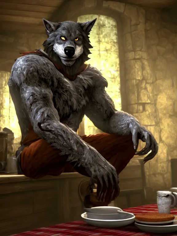 Image similar to cute handsome cuddly burly surly relaxed calm timid werewolf from van helsing sitting down at the breakfast table in the kitchen of a normal country home cooking having fun lighthearted whimsy whimsical baking strawberry tart cakes unreal engine hyperreallistic render 8k character concept art masterpiece screenshot from the video game the Elder Scrolls V: Skyrim