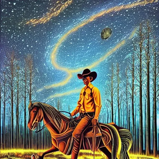 Prompt: psychedelic, trippy, broken cowboy, horse, pine forest, planets, milky way, cartoon by rob gonsalves