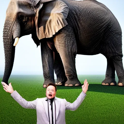 Prompt: elon musk as an elephant with huge elephant tusks growing out of his mouth