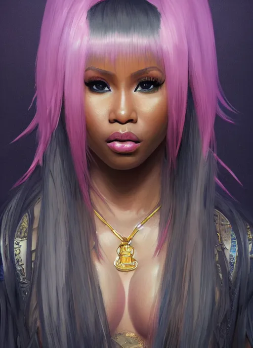 Prompt: nicki minaj, au naturel, hyper detailed, digital art, trending in artstation, cinematic lighting, studio quality, smooth render, unreal engine 5 rendered, octane rendered, art style by klimt and nixeu and ian sprigger and wlop and krenz cushart