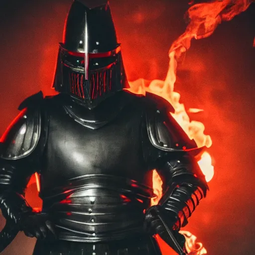 Image similar to a black knight in shining armor, a terrible mask on his face, eyes burning with red fire. a boy is standing next to him and he has a sword in his hands