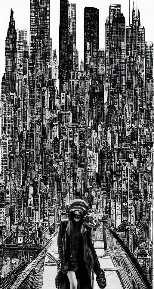 Prompt: cypherpunk fashion illustration, camera face, city street background with high tall buildings, central park, abstract landscape, diane arbus, highly detailed, finely detailed, shadows realism