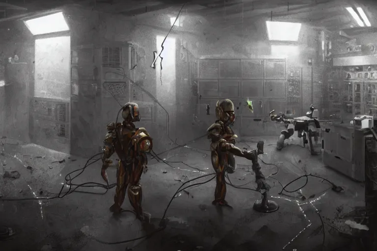 Image similar to blender gloomy colossal ruined server room in datacenter robot figure automata headless drone robot knight welder posing pacing fixing soldering mono sharp focus, emitting diodes, smoke, artillery, sparks, racks, system unit, motherboard, by rutkowski artstation hyperrealism cinematic dramatic painting concept art of detailed character design matte painting