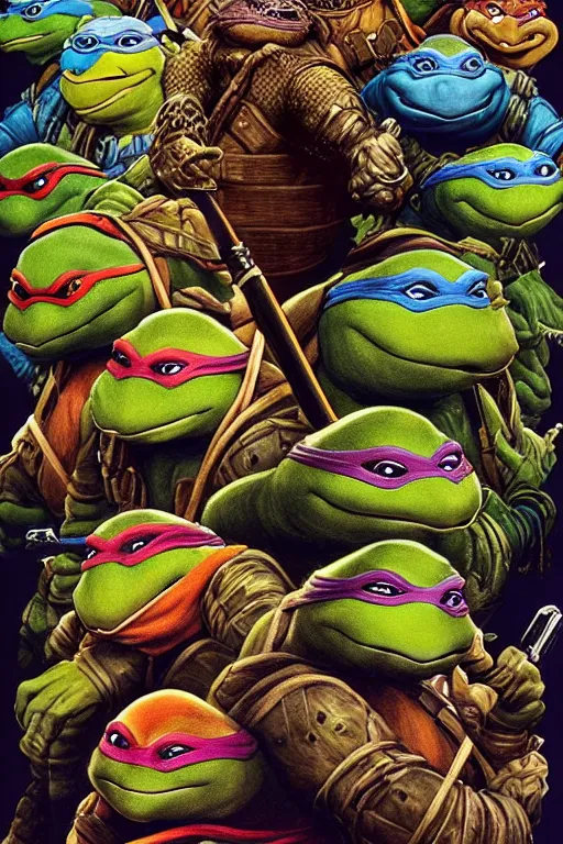 Prompt: portrait of jim henson ninja turtles movie across the ages , frazetta themed, insanely detailed and intricate, golden ratio, elegant,cinematic