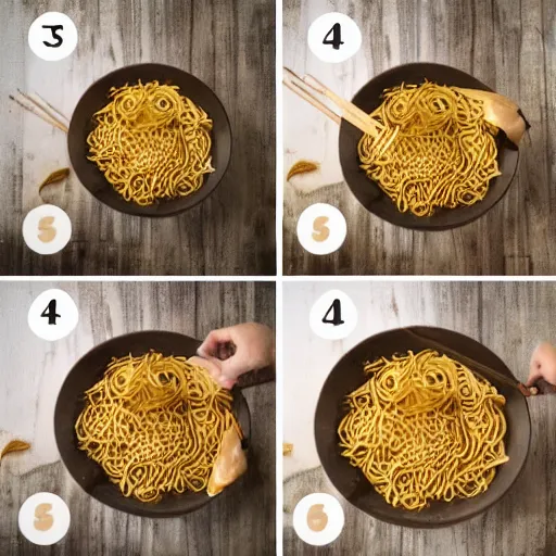 Prompt: making of an edible giraffe from noodles and rice in 4 steps, from the beautiful'how to make food art step by step collection ', dslr