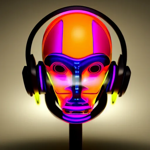 Image similar to a glossy claymodel of a cyberpunk aztec futurism robot head with glowing headphones, 8 k, symetrical, flourescent colors, halluzinogenic, multicolored, very detailed, black background, 3 d render,