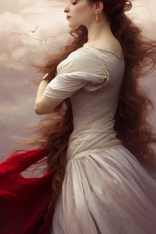 Image similar to portrait of white ghost, dark fantasy, gradient white red grey, dreamy and ethereal, brown eyes, golden ratio, peaceful expression, ornate frilly dress, fantasy, intricate, elegant, clouds and wind, highly detailed, digital painting, artstation, concept art, smooth, b sharp focus, illustration, art by artgerm and greg rutkowski and alphonse mucha