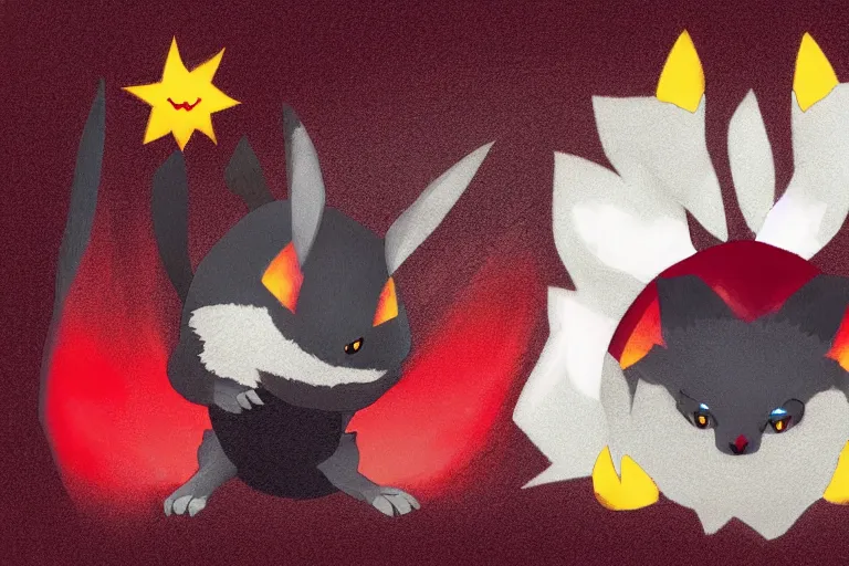 Image similar to zorua the black and maroon colored fox - like pokemon playing with a pikachu, pokemon, super detailed, clean lines, digital art