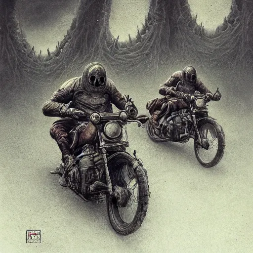 Image similar to motorbikers race in hell, horror art, by beksinski, szukalski, giger, pyromallis, dzo, iris compiet, seb mckinnon, digital art, highly detailed, intricate, sharp focus, trending on artstation hq, deviantart, pinterest, unreal engine 5, 4 k uhd image