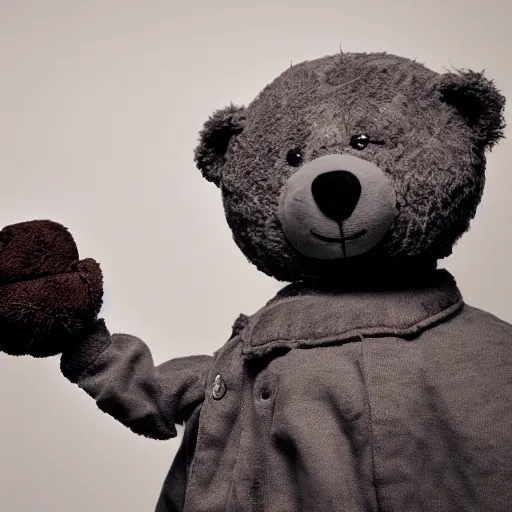 Image similar to Portrait studio photograph of Kanye West with a anthropomorphic teddy bear, close up, shallow depth of field, in the style of Felice Beato, Noir film still, 40mm