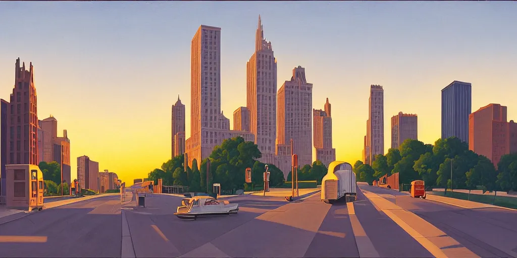 Image similar to vintage chicago, blue sky, summer evening, kenton nelson