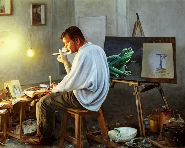 Image similar to an exhausted painter in his studio painting a picture of pepe the frog - key lighting, soft lights, foggy, by steve hanks, by lisa yuskavage, by serov valentin, by tarkovsky, 8 k render, detailed, oil on canvas