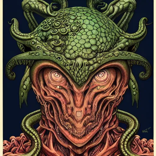 Image similar to upper body and head portrait of cthulhu, symmetrical, by yoichi hatakenaka, masamune shirow, josan gonzales and dan mumford, ayami kojima, takato yamamoto, barclay shaw, karol bak, yukito kishiro