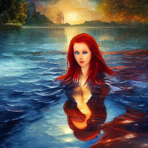 Prompt: redhead beautiful girl bathing in a river, night, moonlight, plus ultra cryengine render by android jones, james christensen, rob gonsalves, leonid afremov and tim white